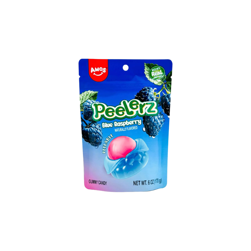 Packaged gummy candy with blue raspberry flavor on a white background