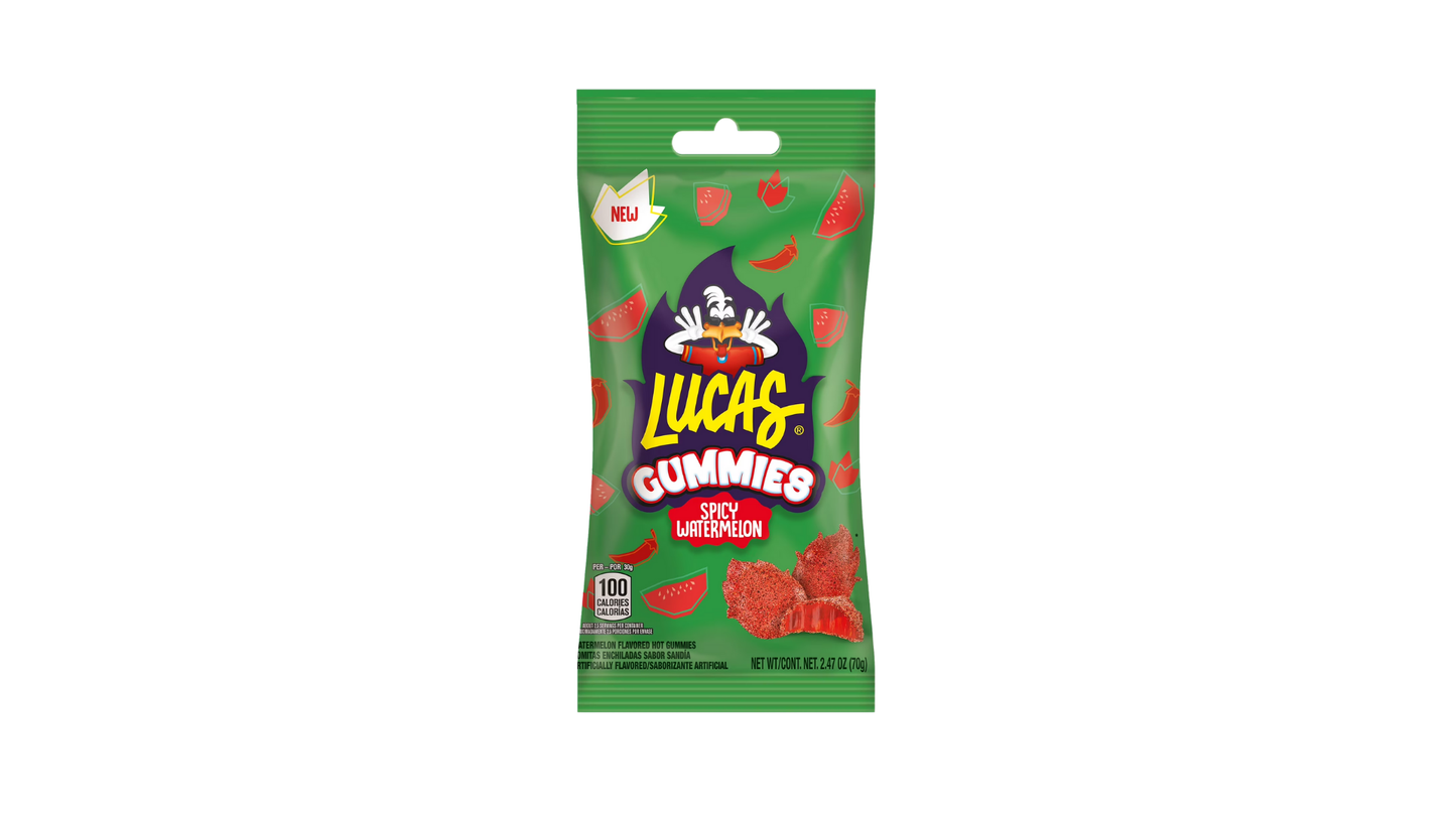 Green package of Lucas Gummies Spicy Watermelon on a white background