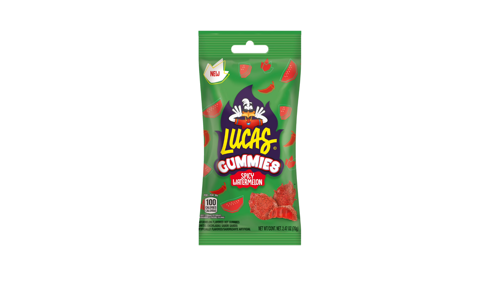 Green package of Lucas Gummies Spicy Watermelon on a white background
