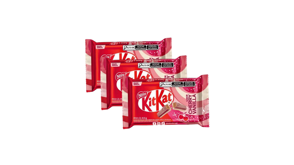 Three KitKat cherry chocolate bars in red and white packaging on a white background