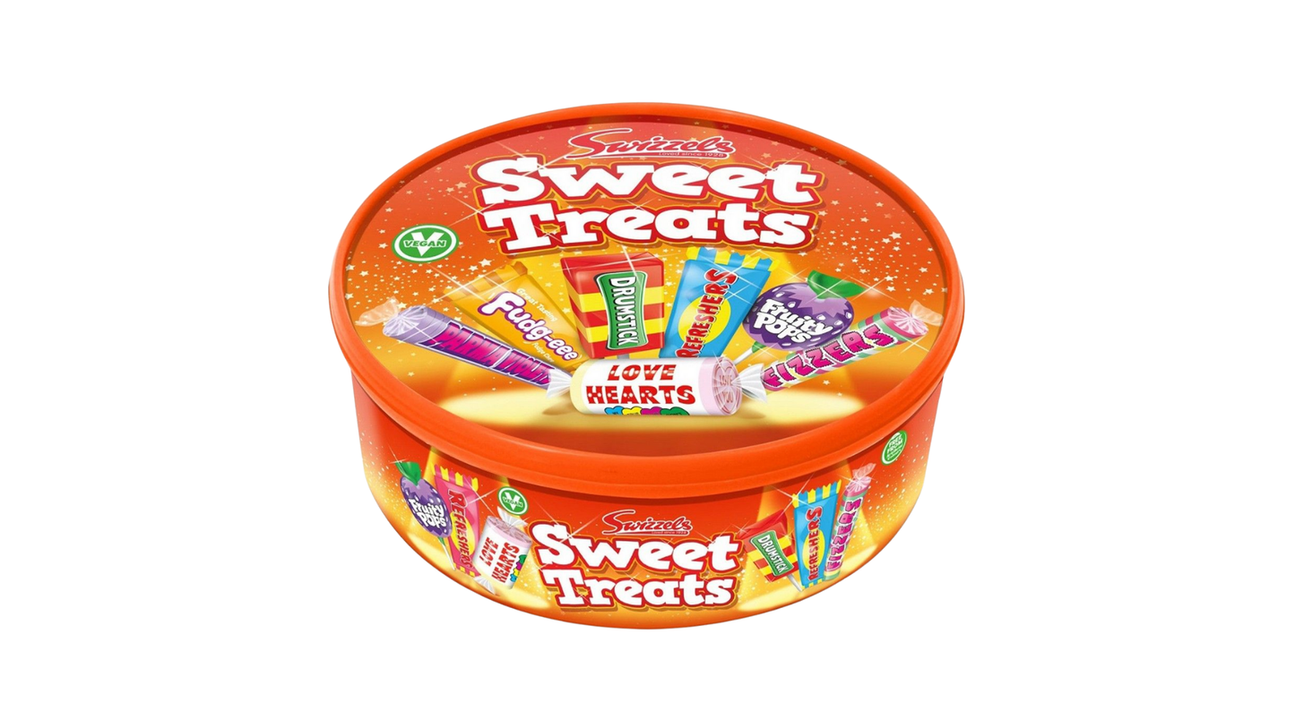 Orange container of Nestle Sweet Treats on a white background