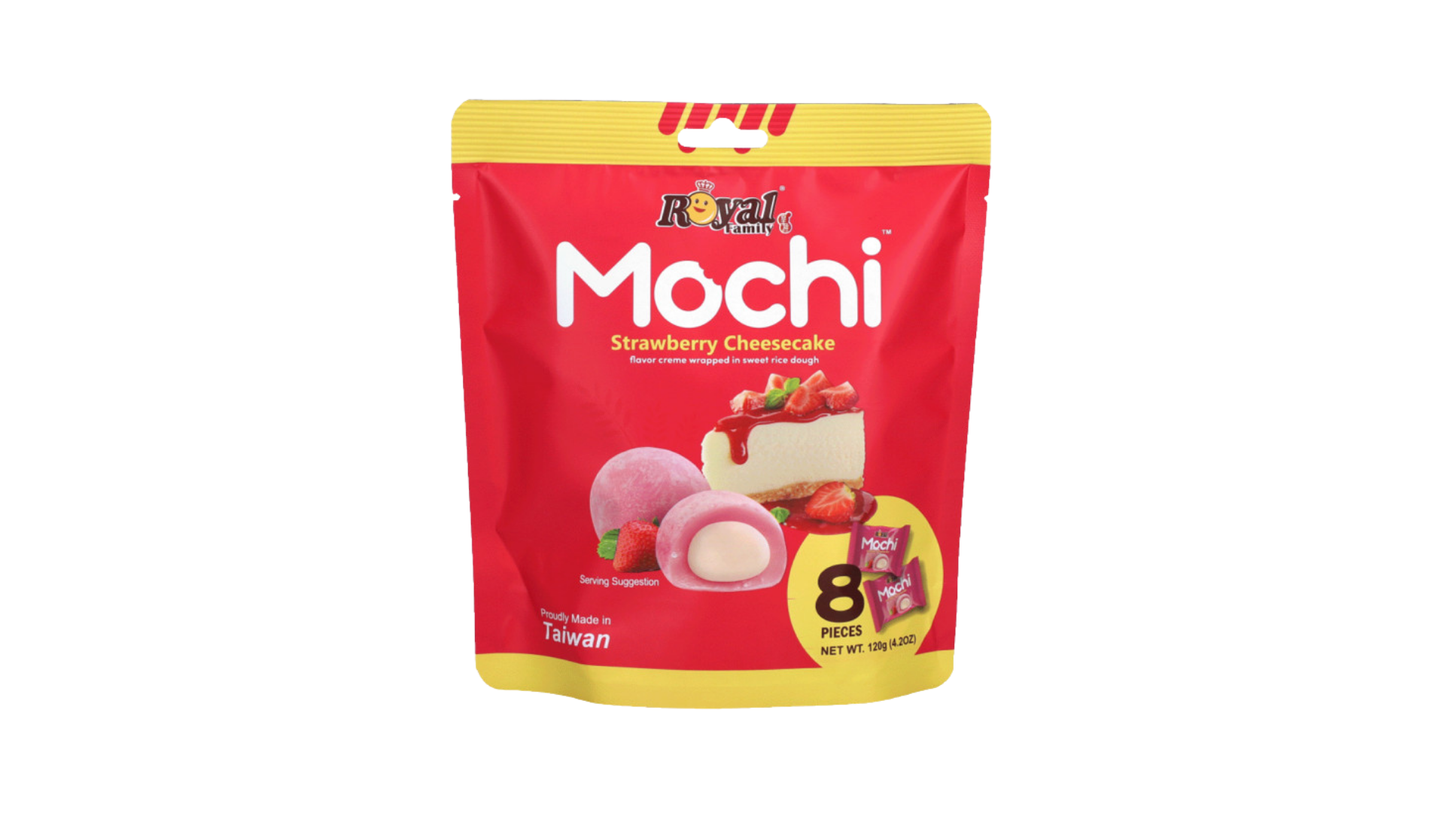Red package of Royal Mochi Strawberry Cheesecake on a white background