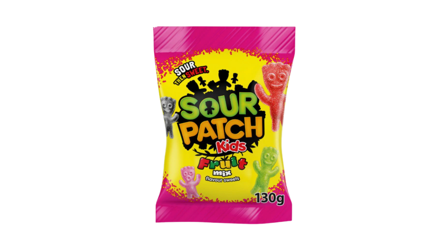 Sour Patch Kids candy bag with pink and yellow design on a white background