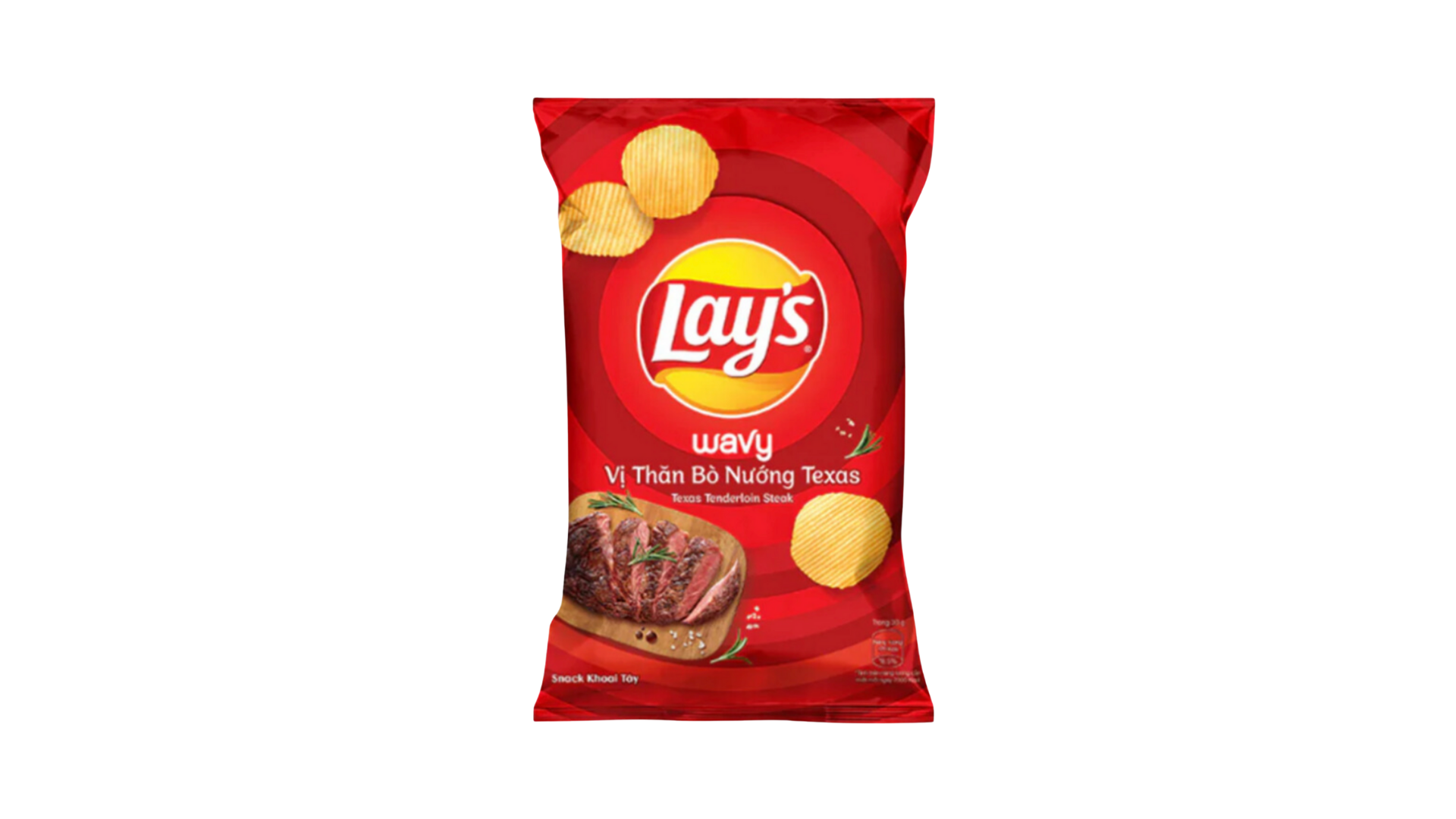 Red Lay's wavy potato chip bag with beef flavor on a white background
