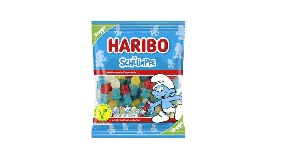 Haribo Smurf bag with colorful gummy candies on a white background