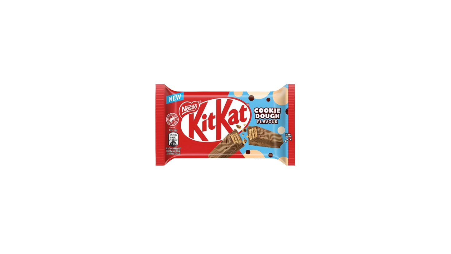 KitKat cookie dough flavor chocolate bar packaging on a white background