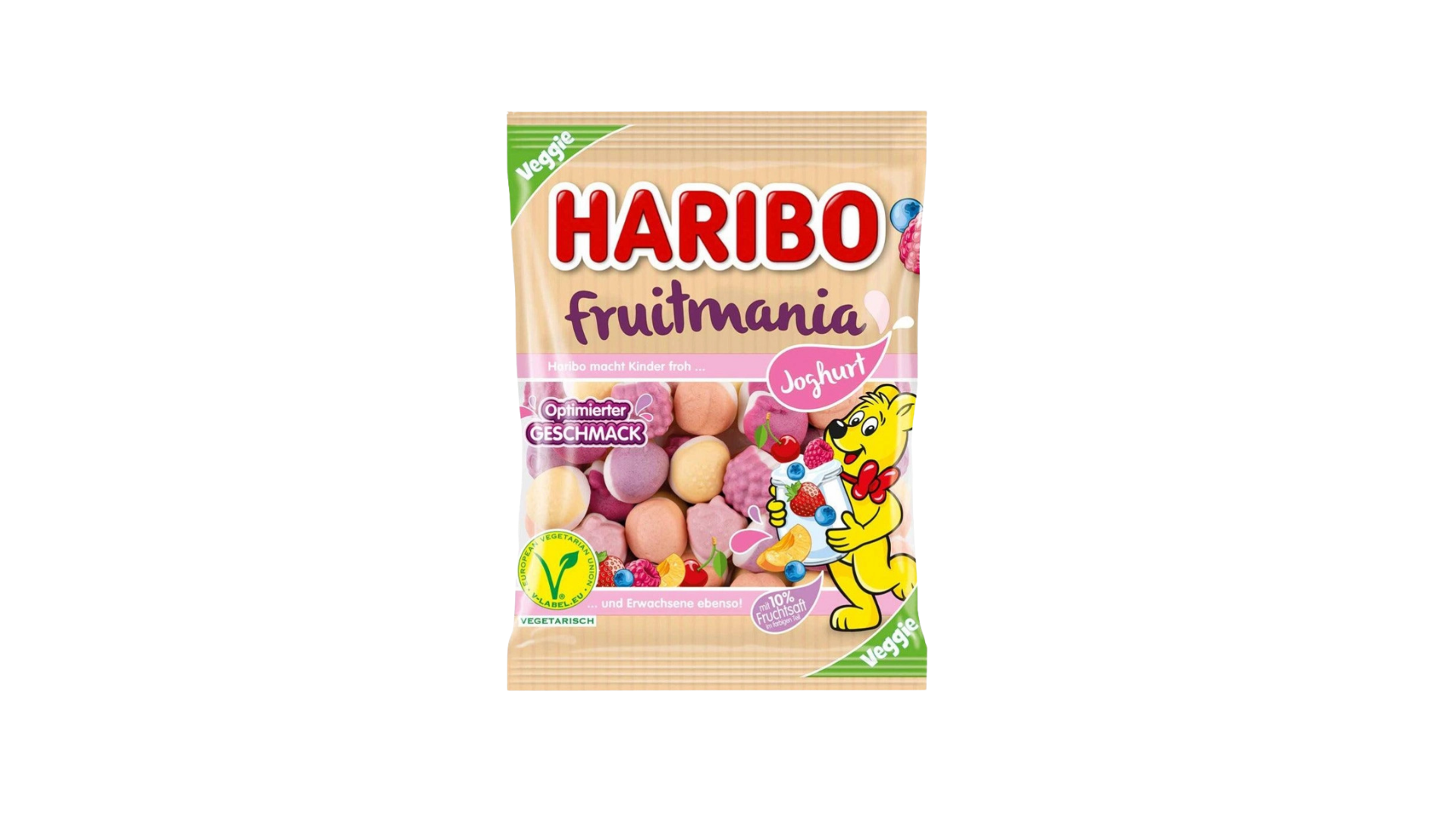 Haribo Fruitmania candy bag on a white background