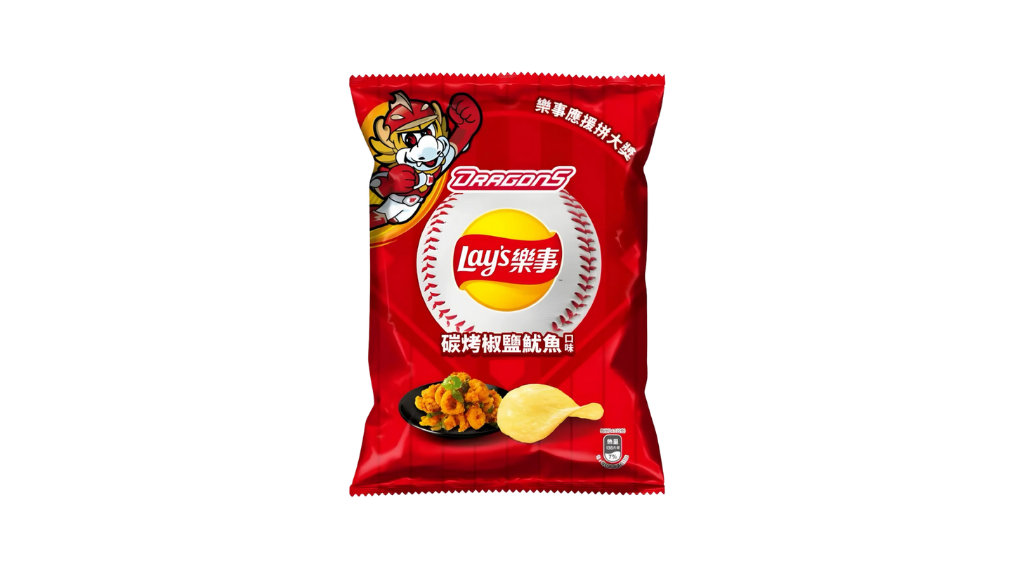 Red snack bag with a tiger design and 'Lays' branding on a white background