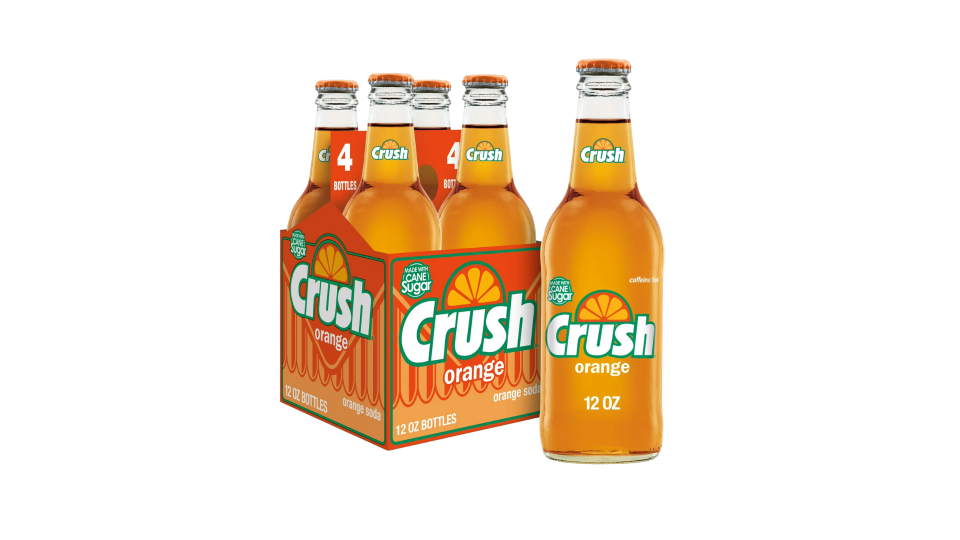 Pack of Crush orange soda bottles on a white background