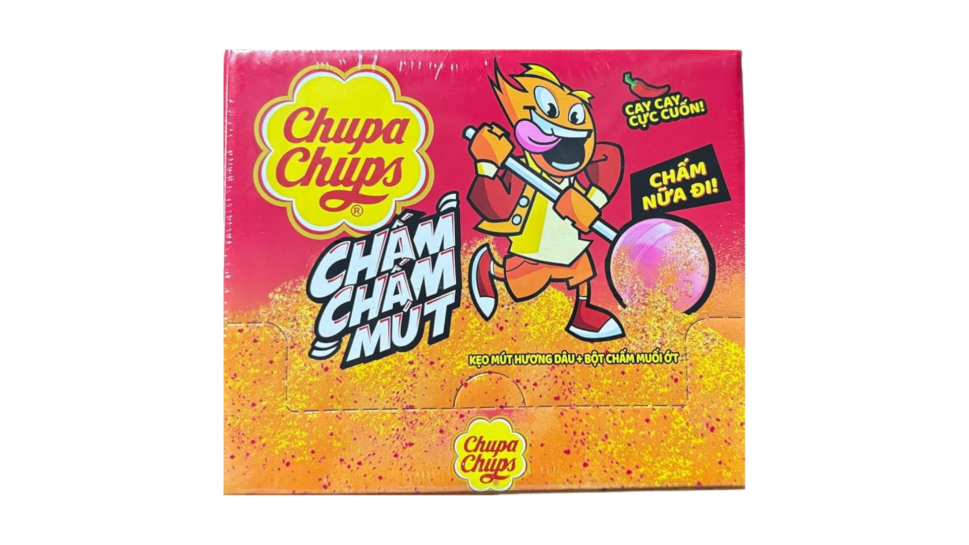 Chupa Chups candy packaging with cartoon character on a pink and orange background