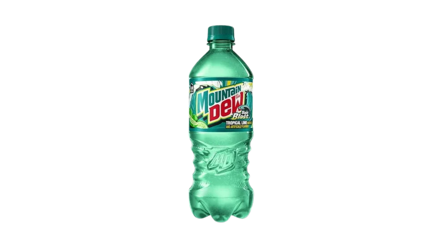 Green bottle of Mountain Dew on a white background
