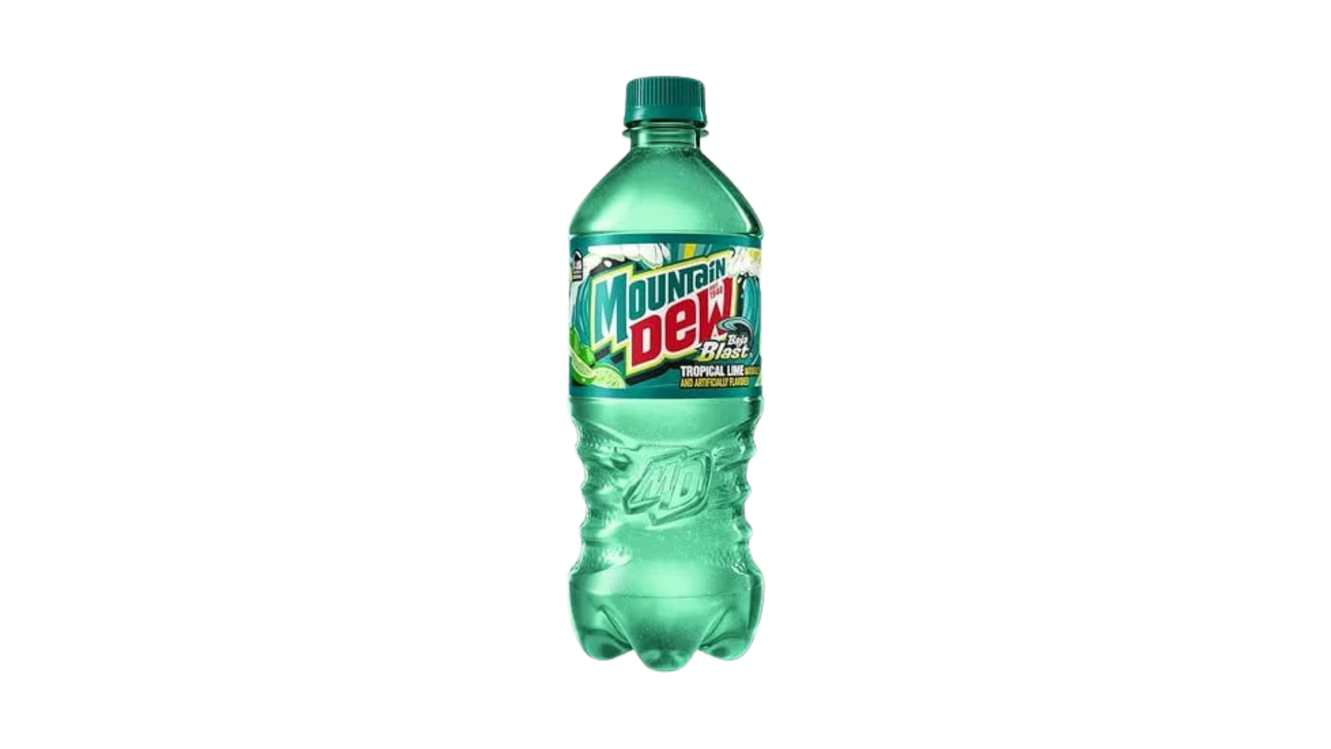Green bottle of Mountain Dew on a white background