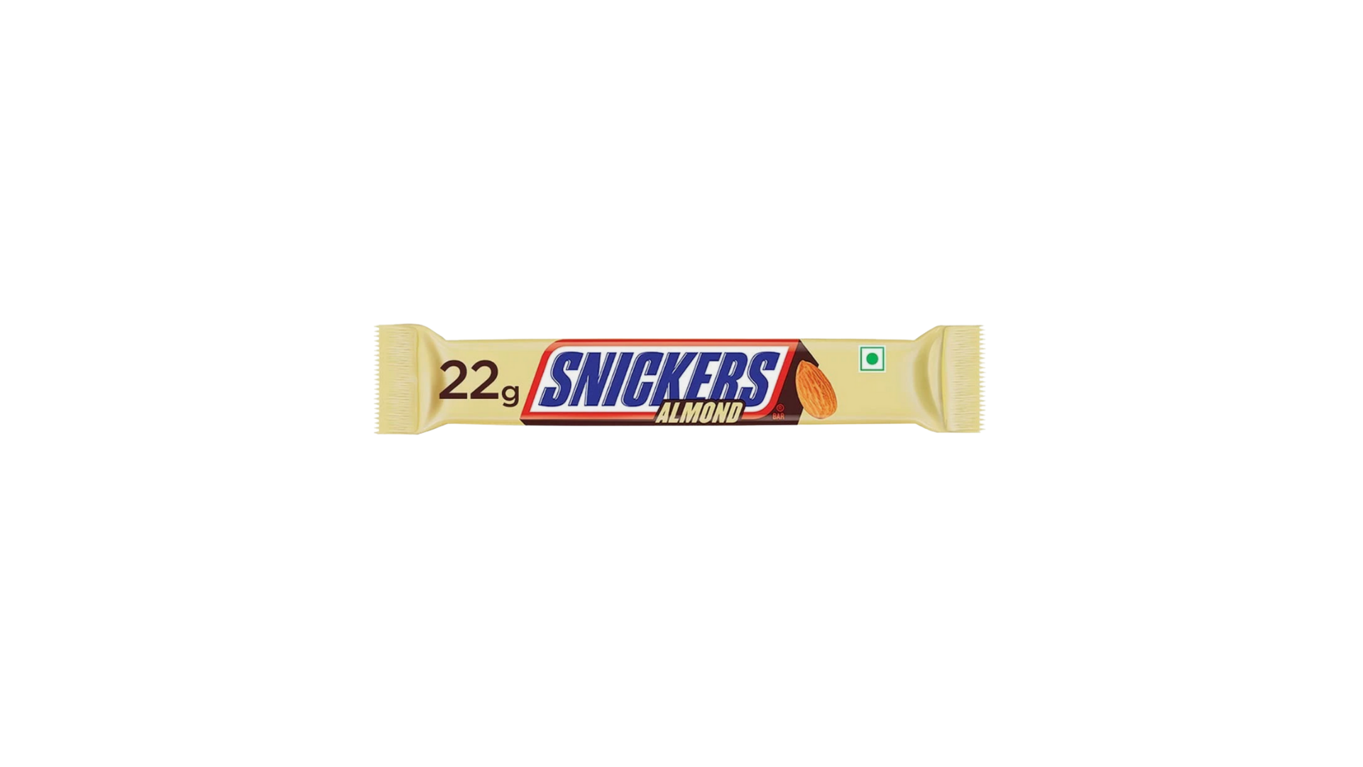 Snickers Almond chocolate bar packaging on a white background