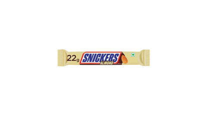 Snickers Almond chocolate bar packaging on a white background