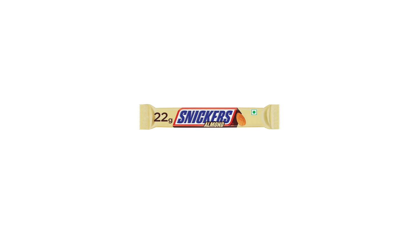 Snickers chocolate bar packaging on a white background