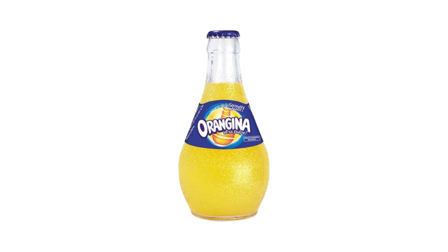Orangina bottle on a white background