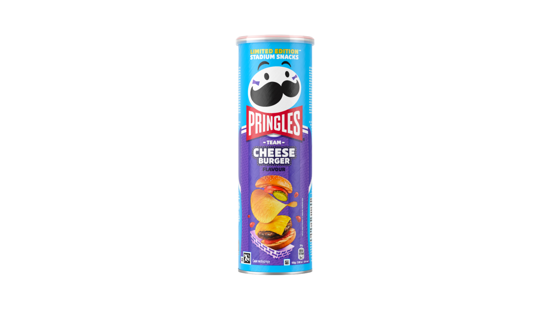 Pringles can of Cheeseburger flavor on a white background