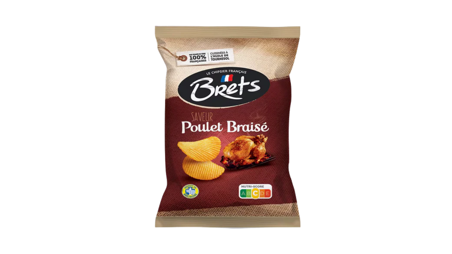 Bags of Brets Poulet Braée potato chips on a white background