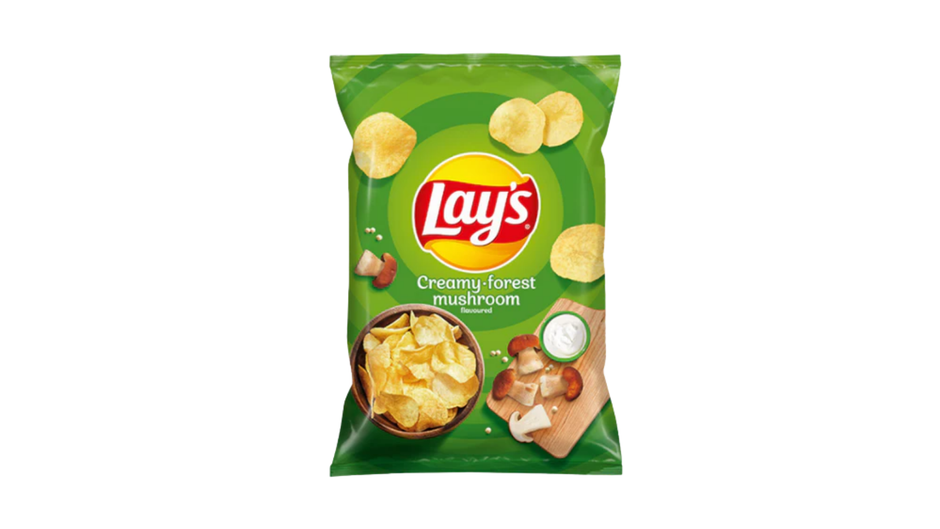 Lay's Creamy Forest Mushroom potato chip bag on a white background