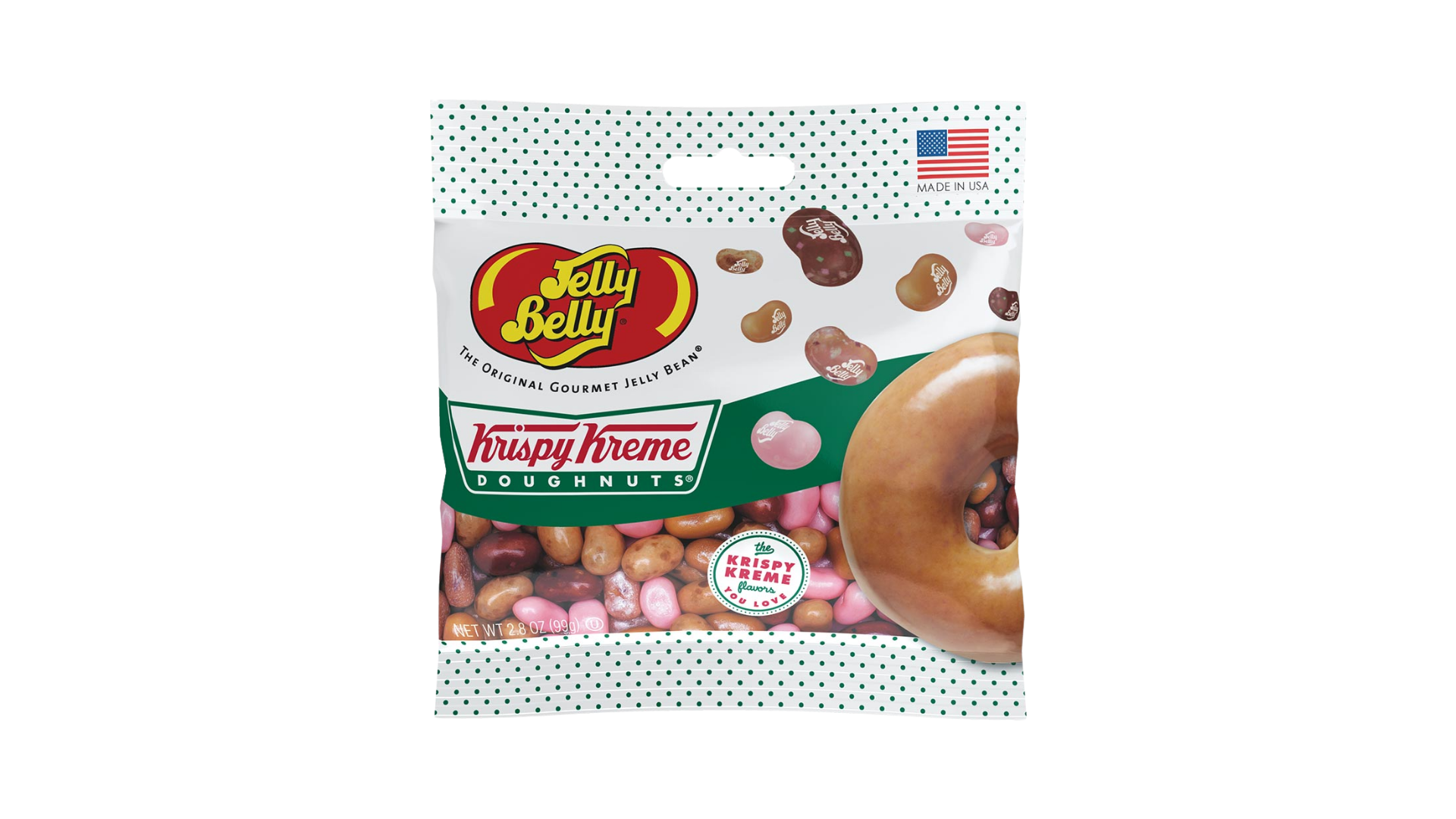 Jelly Belly candy bag with Krispy Kreme Doughnuts flavor on a white background