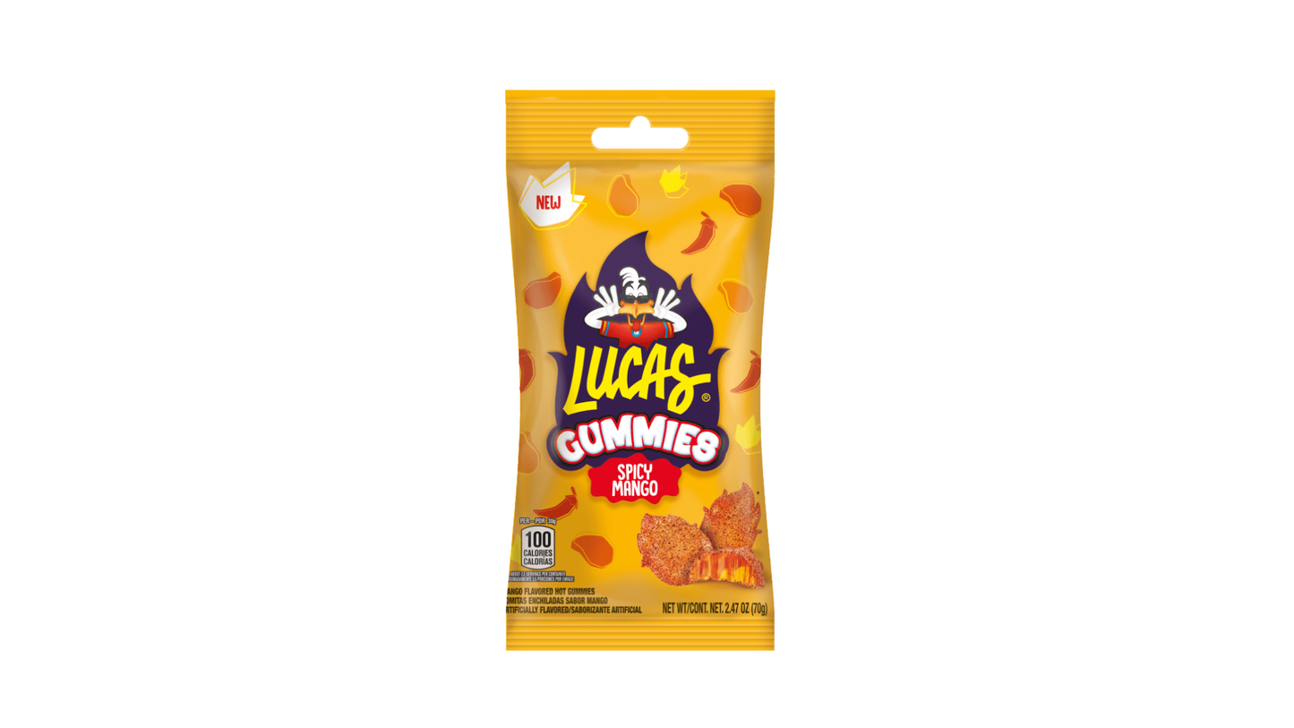 Lucas Gummies spicy mango flavor package on a white background