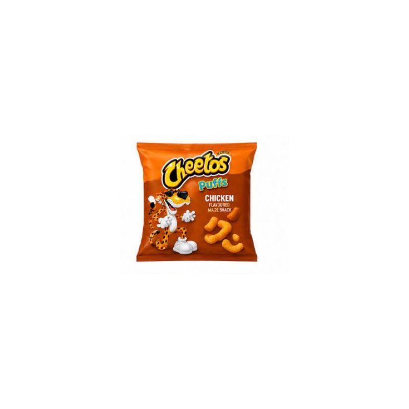 Cheetos Puffs chicken flavor snack packet on a white background