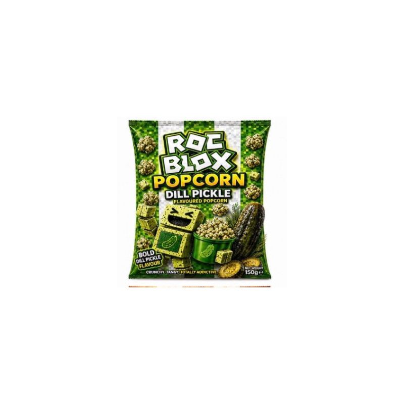 Bag of Roc Blox Dill Pickle popcorn on a white background
