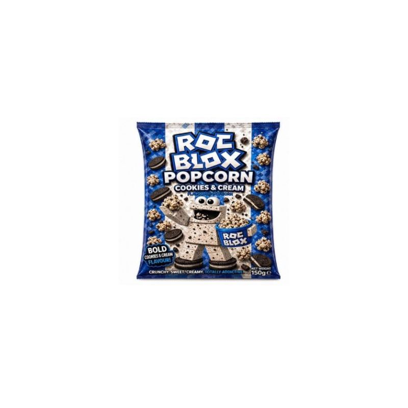 Bag of Roc Blox Popcorn Cookies & Cream flavor on a white background