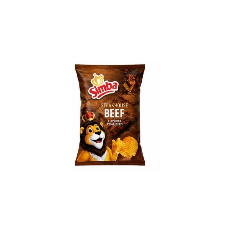 Simba Steakhouse Beef flavored potato chips packaging on a white background