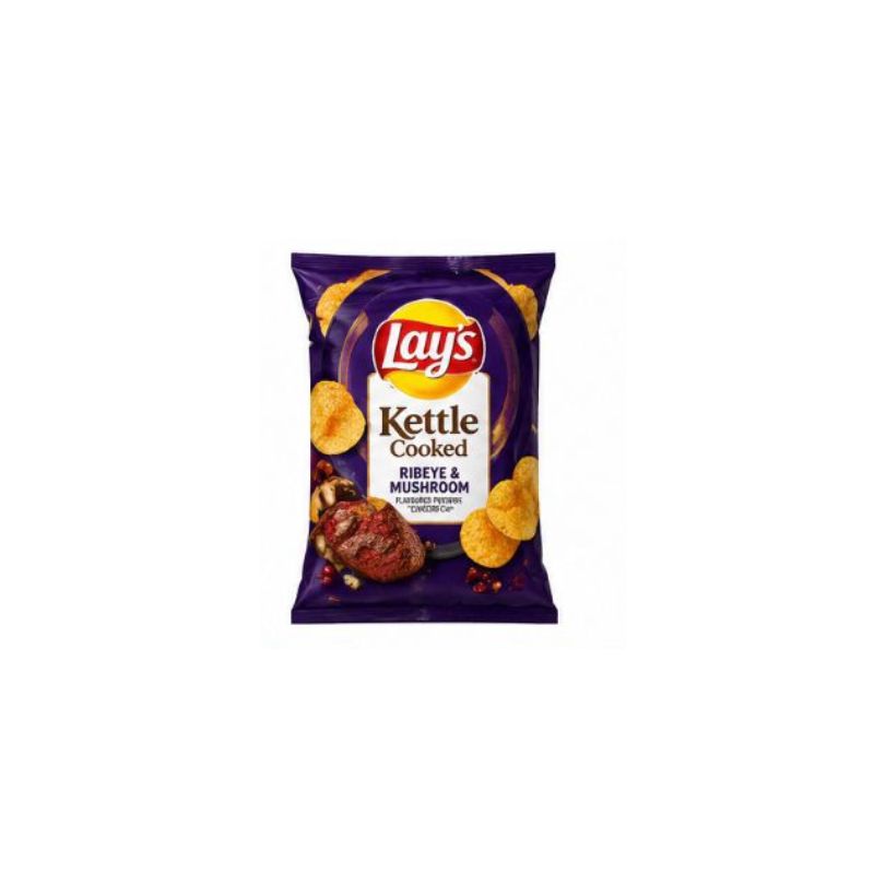 Lay's Kettle Cooked Ribeye & Mushroom flavored potato chips packaging on a white background