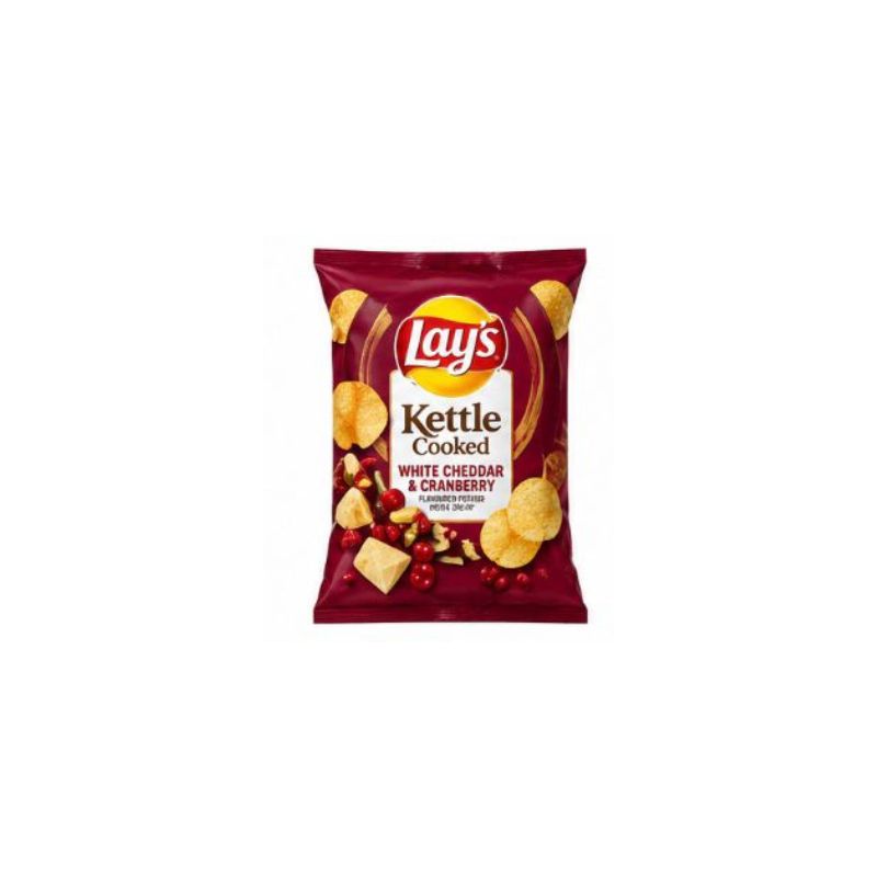 Lay's Kettle Cooked White Cheddar & Cranberry potato chips packaging on a white background