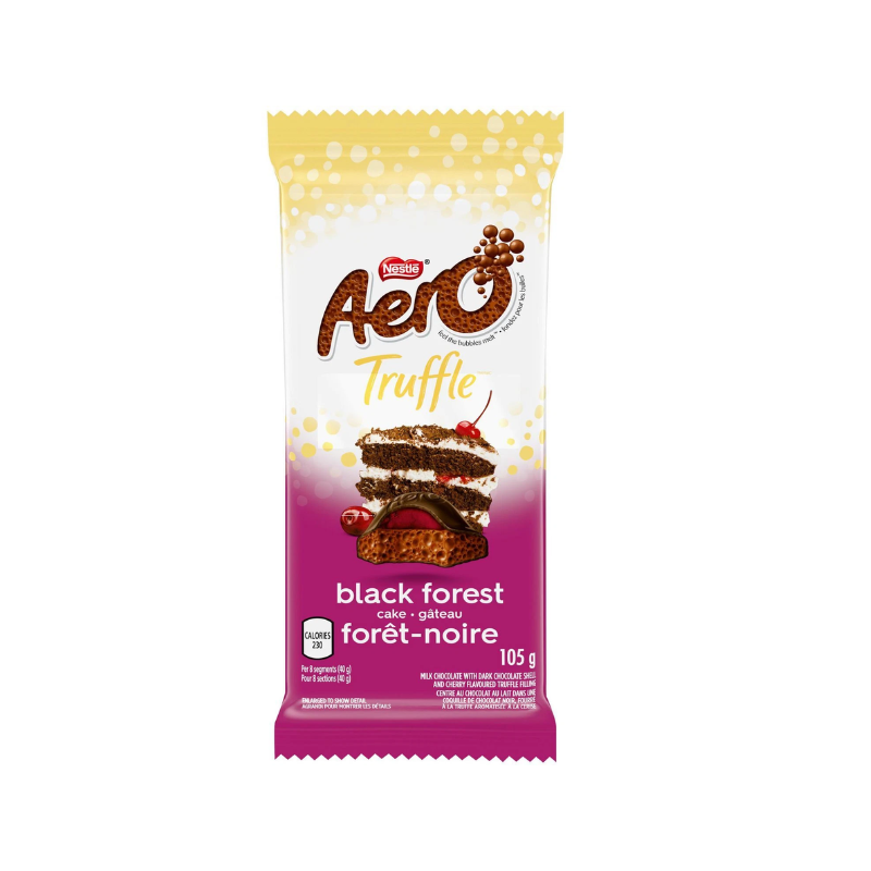 Aero Truffle Black Forest cake chocolate bar packaging on a white background
