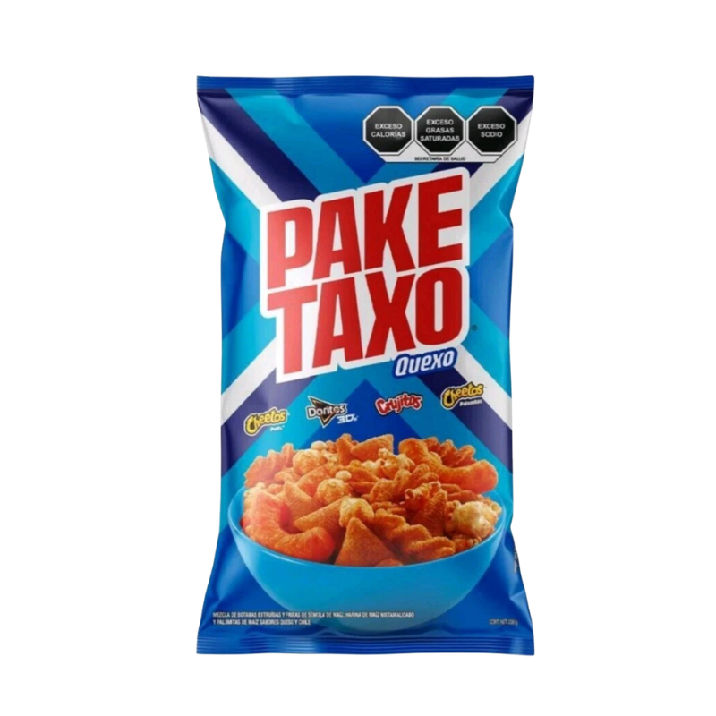 Pake Taxo Quexo snack package with blue and red design on a white background