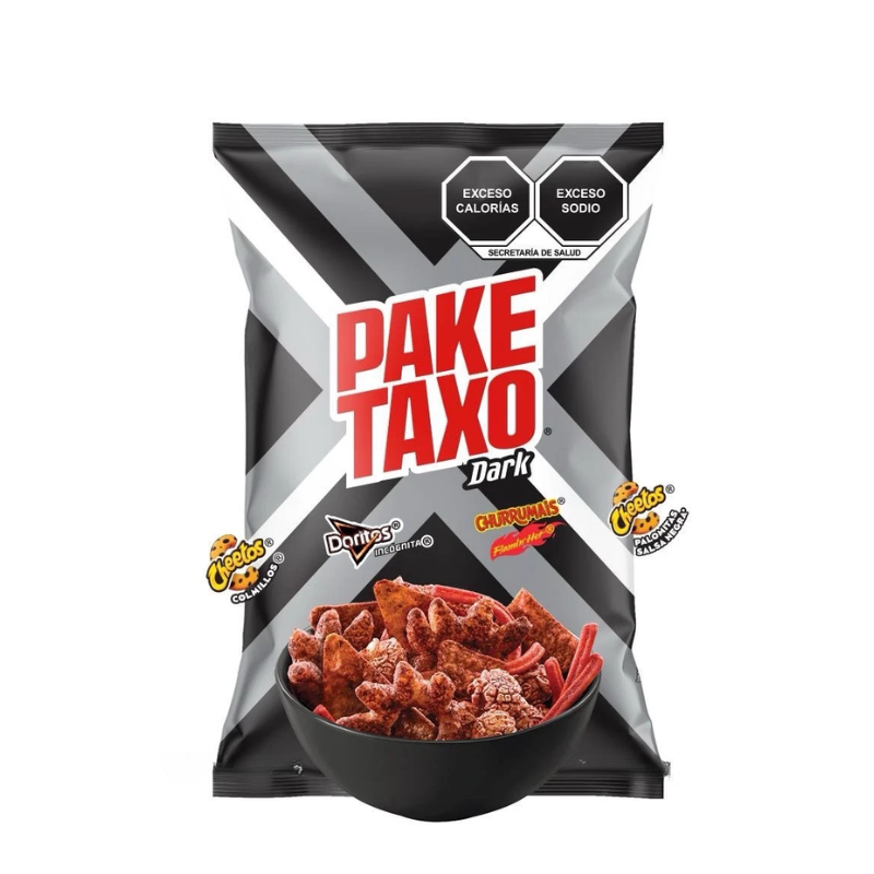 Pake Taxo Dark snack package with a bowl of snacks on a white background