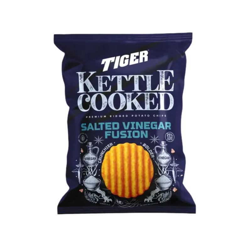 Tiger Kettle Cooked Salted Vinegar Fusion chips packaging on a white background