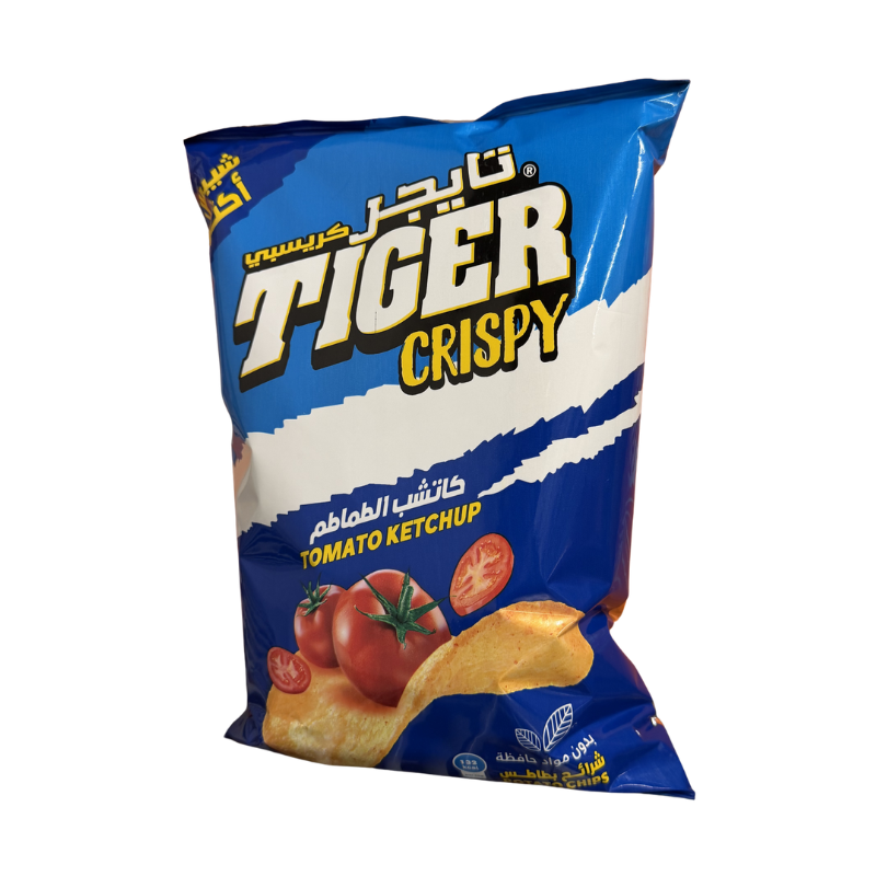 Tiger Crispy tomato ketchup flavor packaging on a white background