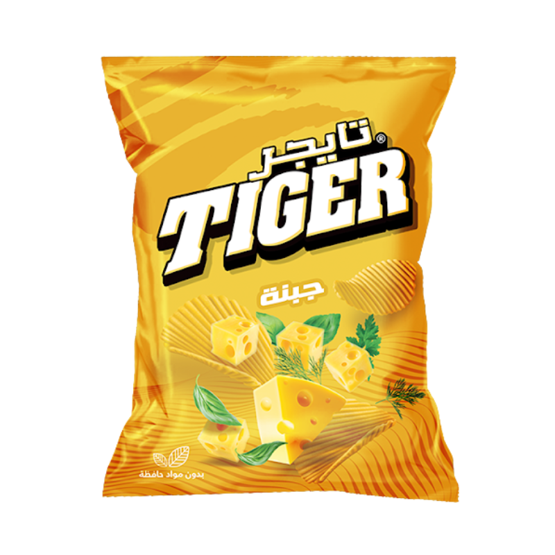 Yellow snack bag with 'Tiger' branding and cheese graphics on a white background