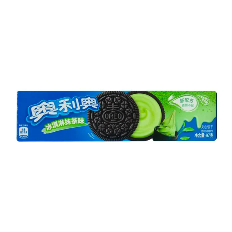 Oreo cookie packaging with green flavor text on a white background