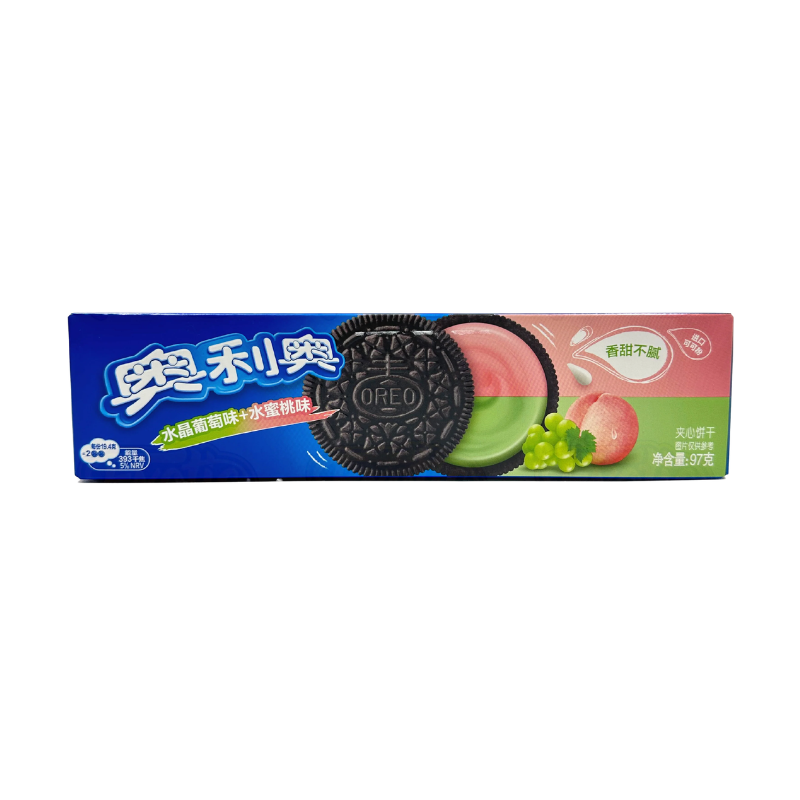 Oreo cookie package with fruit flavors on a white background