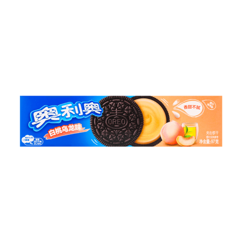 Packaging of Oreo cookies with a peach flavor on a white background
