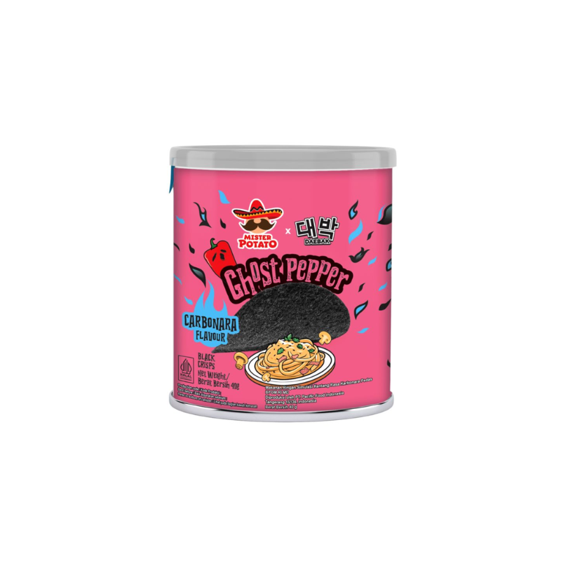 Pink can of ghost pepper flavored black potato chips on a white background