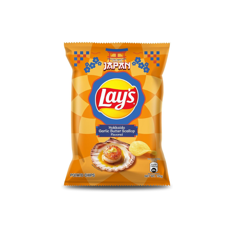 Lays potato chips packaging with Hokkaido Garlic Butter Scallop flavor on a white background
